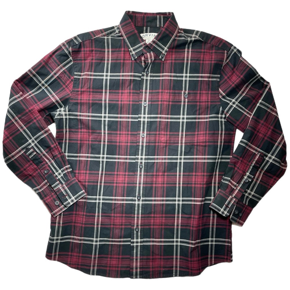 Orvis Men’s Red And Black Thick Long Sleeve Plaid Button Down Shirt Size Medium
